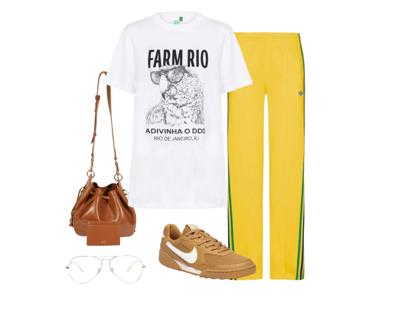 Tênis Feminino Terra Manta Bege Nike ; Óculos De Grau Unissex Aviador Dourado Ray-ban ; Camiseta Feminina Média Arara 021 Branco Farm ; Bolsa Feminina Tiracolo Bucket Hazel Couro Marrom Schutz ; Calça Feminina Classic Tp Amarelo Adidas Originals