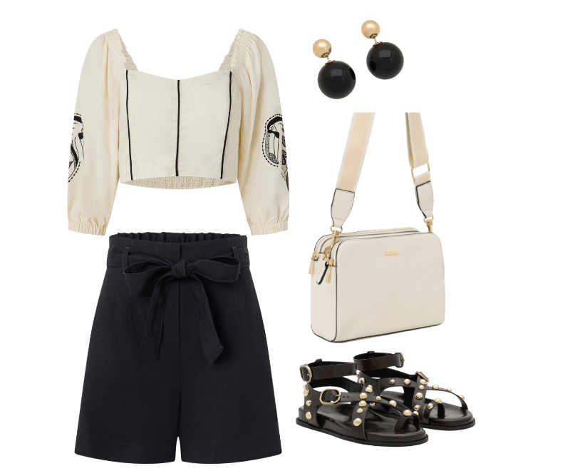 Blusa Curta em Viscolinho com Estampa Tropical e Manga 3/4 Bege ; Short Clochard Alfaiatado em Viscose com Cinto Amarração Preto ; Bolsa Transversal Média em PU com Alça Gorgorão Bege ; Sandália Rasteira Sport Sandal com Esferas e Fivelas Contrastantes Vinho ; Brinco Duplo Pérola Invertida em Resina Preto/Dourado