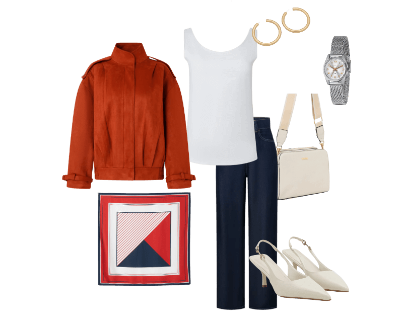 Blusa em Poliamida com Decote U e Alça Larga Branco ; Jaqueta Oversized em Suede com Pregas Terracota ; Calça Reta em Jeans Raw com Cintura Alta Azul ; Lenço Acetinado Estampado Com Listras Navy Vermelho ; Relógio Lince Analógico com Pulseira e Caixa em Metal LRM4674L S2SX U ; Bolsa Transversal Média em PU com Alça Gorgorão Bege ; Sapato Slingback com Aviamento Lateral Off White ; Brinco Argola Média em Metal Tubular Dourado