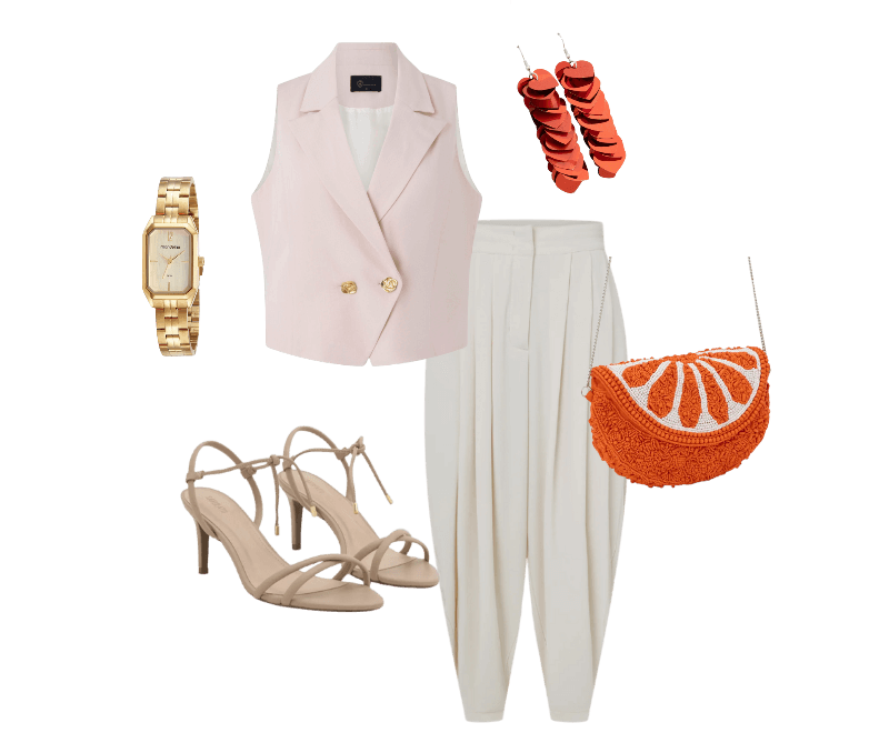 Sandália com Tiras e Bico Folha Bege ; Bolsa Hobo em Miçanga com Alça Transversal e Tampa de Laranja Laranja ; Relógio Mondaine Feminino Analógico Dourado ; Maxi Brinco em Paetês de Coração Vermelho Vermelho ; Calça Aladim Ballon em Crepe com Pregas Frontais Off White ; Colete Alfaiatado com Gola Blazer com Riscas de Giz Rosa