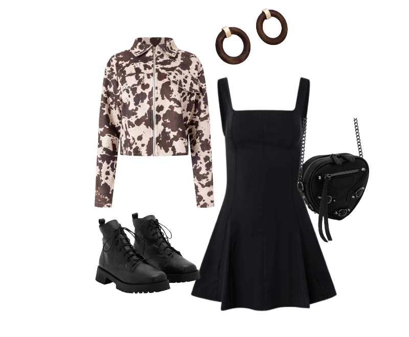 Jaqueta em Suede com Bolso Fake e Estampa Animal Print Bege ; Vestido Evasê Curto em Bengaline Com Decote Quadrado Preto ; Bolsa Transversal Pequena em Formato de Coração com Detalhes nas Fivelas e Corrente Preto ; Bota Coturno em Couro com Bico Quadrado e Cadarço Preto ; Brinco em Madeira com Centro Vazado e Detalhe de Metal Light Gold Marrom