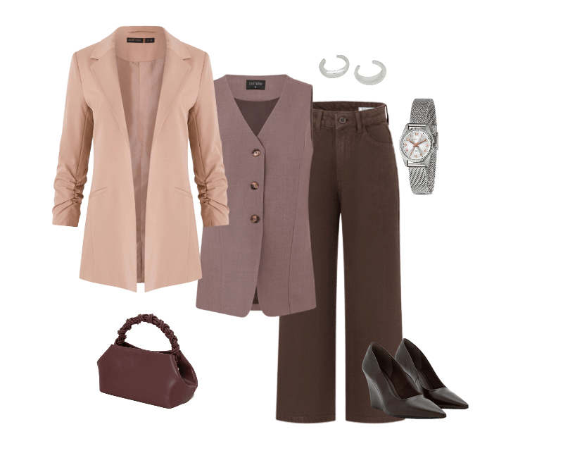 Sapato Scarpin Anabela Bico Fino Marrom ; Relógio Lince Analógico com Pulseira e Caixa em Metal LRM4674L S2SX U ; Kit 02 Braceletes Rígidos Orgânicos em Metal e Resina Prata ; Calça Reta Cropped em Sarja com Passantes no Cós Marrom ; Colete Alongado Alfaiatado com Decote V e Botões Marrom ; Blazer Alfaiataria Alongado em Crepe com Franzidos nos Punhos Marrom Leve ; Bolsa Pequena com Alça de Mão Trançada e Alça Longa Vinho