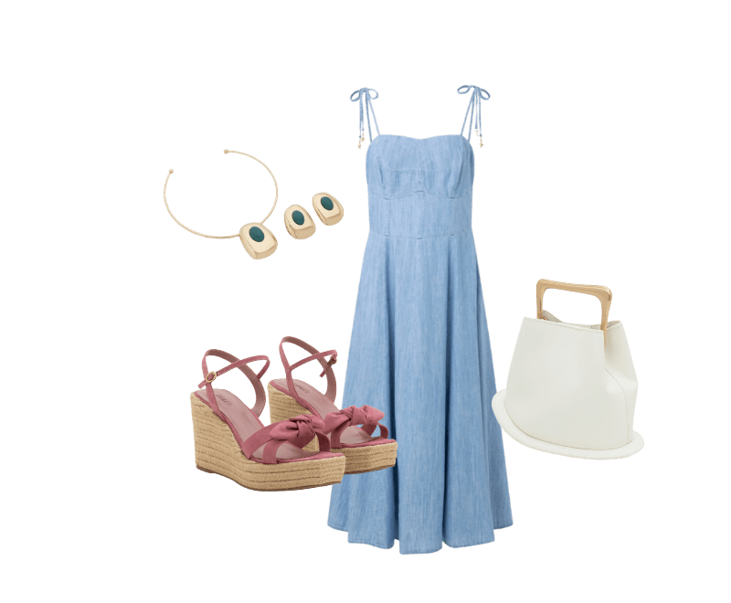 Bolsa Bucket Pequena com Alça de Mão em Metal Base Bola em Metal Off White ; Vestido Midi em Jeans com Amarração na Alça Claro ; Sandália Anabela com Nózinho na Tira Frontal Rosa ; Conjunto de Colar e Brinco com Pedra em Resina Dourado