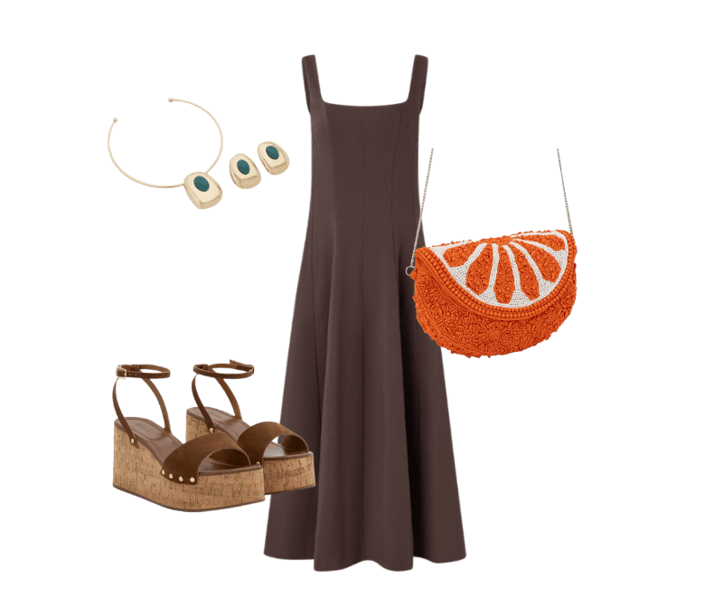 Sandália Plataforma de Tiras com Efeito Camurça e Salto com Textura Marrom ; Bolsa Hobo em Miçanga com Alça Transversal e Tampa de Laranja Laranja ; Vestido Evasê Midi em Viscose com Decote Quadrado e Recortes Marrom ; Conjunto de Colar e Brinco com Pedra em Resina Dourado