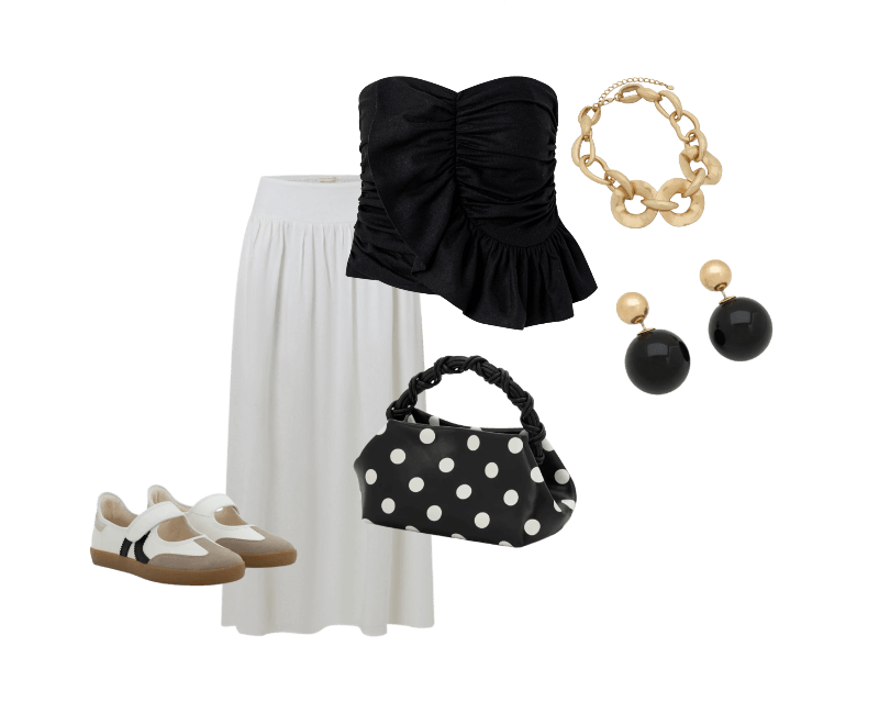 Tênis Chuteira com Abertura e Recortes Contrastantes Off White ; Blusa Tomara que Caia em Viscolinho com Babado Frontal Preto ; Saia Evasê Midi em Viscolinho com Lastex no Cós Branco ; Bolsa de Mão em PU com Alça Removível e Estampa Poá Preto/Branco ; Brinco Duplo Pérola Invertida em Resina Preto/Dourado ; Colar Corrente Maxi em Metal com Elos Achatados Dourado