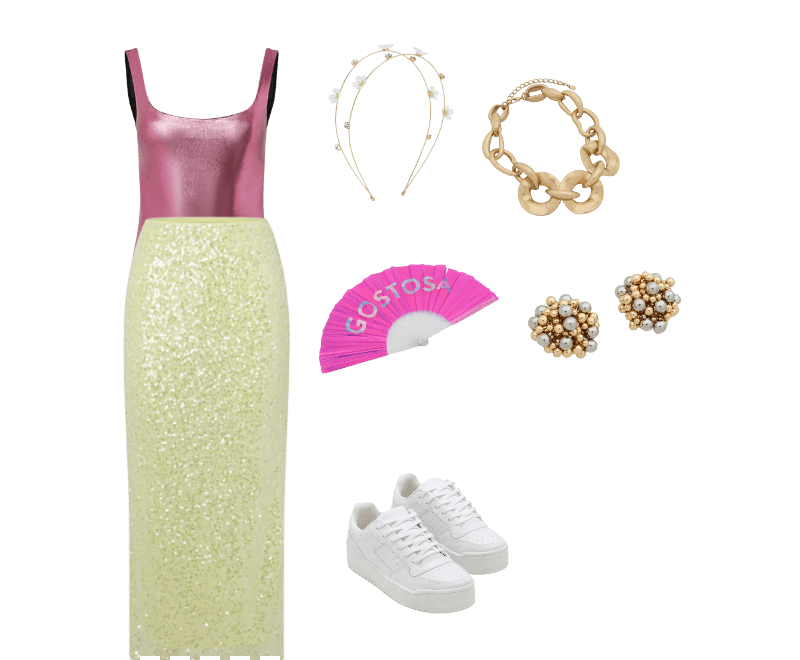 Body Ajustado em Flamê com Metalizado Holográfico Rosa ; Saia Lápis Midi em Paetês com Forro Amarelo ; Tiara em Metal com Flores e Strass - Tam Único Dourado ; Leque em Plástico Metalizado com Lettering Gostosa Rosa ; Tênis Cano Baixo com Recortes e Sola Texturizada Branco ; Brinco Botão em Plástico com Esferas Dourado/Prata ; Colar Corrente Maxi em Metal com Elos Achatados Dourado