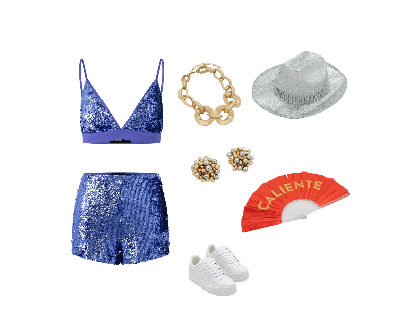 Blusa Top em Paetê com Decote V Azul ; Short Curto em Paetê com Efeito Metalizado Azul ; Chapéu Metalizado com Aplicações Prata ; Leque em Plástico Metalizado com Lettering Caliente Vermelho ; Tênis Cano Baixo com Recortes e Sola Texturizada Branco ; Brinco Botão em Plástico com Esferas Dourado/Prata ; Colar Corrente Maxi em Metal com Elos Achatados Dourado