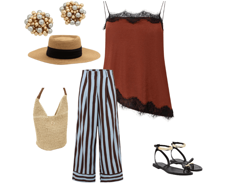 Blusa de Alça em Ribana com Detalhes de Renda Marrom ; Calça Cintura Alta em Tricoline com Listras Verticais Azul/Marrom ; Chapéu de Praia com Aba Média e Faixa Contrastante Bege ; Bolsa de Praia em Palha com Alça de PU Trançada Bege ; Sandália Rasteira com Detalhes Bold Preto ; Brinco Botão em Plástico com Esferas Dourado/Prata