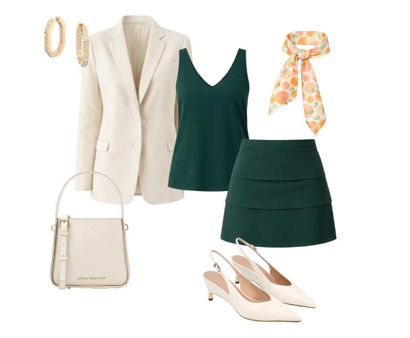 Regata Cecilia Esmeralda ; Shorts Saia Cecilia Esmeralda ; Blazer Emilia Areia Poliviscose ; Lenço Dolce Vita