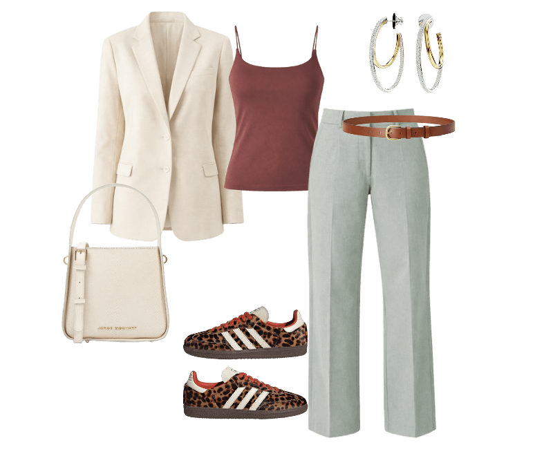 Calça Alfaiataria Reta Sarja ; Regata Básica Marrom ; Blazer Emilia Areia Poliviscose ; Cinto Marrom Couro