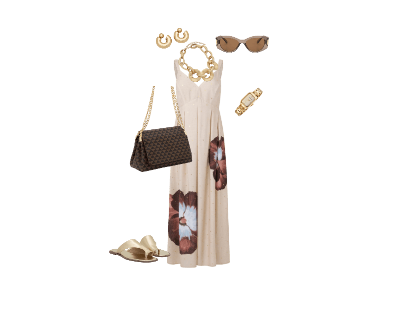Bolsa Shoulder Média em PU Estampa Triângulos e Alça com Corrente Marrom ; Óculos de Sol Quadrado Levemente Gateado com Detalhe Lateral de Metal Marrom ; Relógio Mondaine Feminino Analógico Dourado ; Vestido Longo com Decote V e Estampa Floral Bold Branco ; Sandália Rasteirinha Mule em Couro com Cabedal Largo Dourado ; Brinco Argola Bold com Tarraxa de Esfera Dourado ; Colar Corrente Maxi em Metal com Elos Achatados Dourado