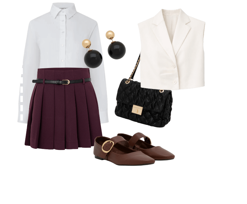 Camisa em Tricoline com Abotoamento e Punho Largo Branco Neve ; Colete em Crepe com Gola Blazer e Pregas Off White ; Short Saia Alfaiatado com Cinto de PU e Textura Plissada Vinho ; Bolsa Shoulder Grande Texturizada com Locker Metal em Light Gold Preto ; Sapatilha em Couro com Tira Afivelada Marrom ; Brinco Duplo Pérola Invertida em Resina Preto/Dourado