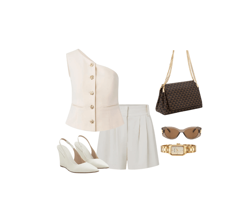 Blusa Ombro Só em Crepe com Botões Martelados Bege ; Bermuda em Crepe com Pregas e Cinto Off White ; Sapato Scarpin Anabela com Tira Elástica Off White ; Bolsa Shoulder Média em PU Estampa Triângulos e Alça com Corrente Marrom ; Óculos de Sol Quadrado Levemente Gateado com Detalhe Lateral de Metal Marrom ; Relógio Mondaine Feminino Analógico Dourado