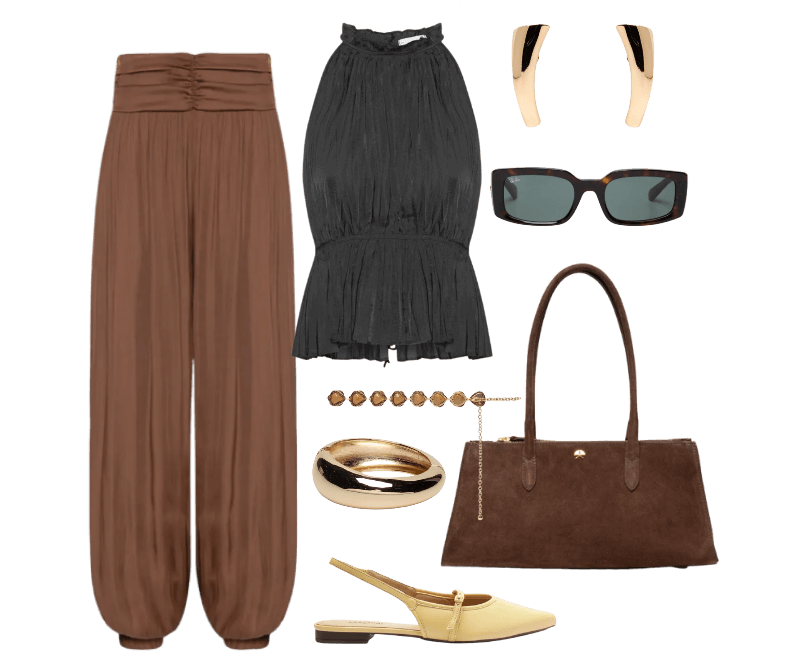 Óculos De Sol Unissex Sol Kiliane Bio-Based Marrom Ray-ban  ; Bolsa Feminina Média Camurção Marrom Luiza Barcelos ; Bracelete Feminino Redondo Dourado Basiq ; Cinto Feminino Com Pedrarias Bege Market 33 ; Brinco Feminino Polido Liso Dourado D'santis Joias ; Sapatilha Feminina Slingback Bico Fino Amarela Anacapri ; Calça Feminina Pala Aladim Marrom Farm ; Blusa Feminina Plissada Preto '2Essential