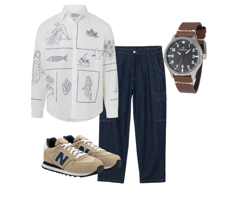 Camisa Comfort Em Linho Com Patchwork Fundo Do Mar Bordado Branco ; Calça Jeans Baggy com Bolsos Cargo Azul ; Tênis New Balance 500V2 em PU com Texturas Bege ; Relógio Masculino Analógico com Caixa em Metal e Pulseira em Couro Champion Marrom