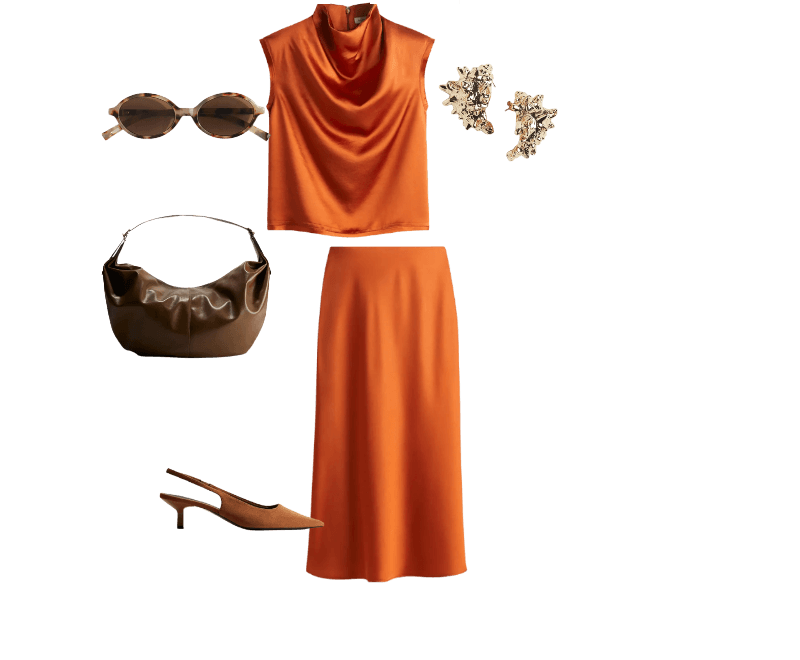 Sapato slingback básico de salto ; Bolsa de ombro slouchy grande ; Brincos no formato de concha ; Óculos de sol ovais ; Top em cetim com decote degagê laranja ; Saia midi laranja