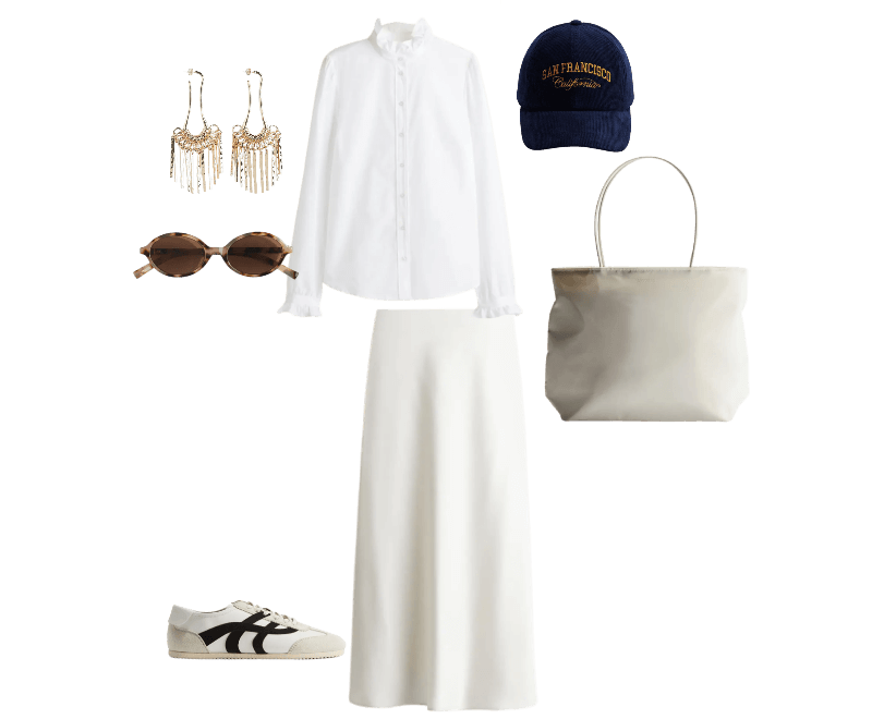 Tênis ; Brincos pendentes com franjas ; Óculos de sol ovais ; Saco de ginástica ; Boné em bombazina ; Blusa com gola de babado ; Saia midi branco