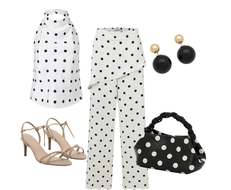 Blusa em Cetim com Gola Alta e Estampas de Bolinhas Branco ; Sandália com Tiras e Bico Folha Bege ; Calça Reta em Alfaiataria com Sobreposição na Cintura e Estampa Poá Branco/Preto ; Bolsa de Mão em PU com Alça Removível e Estampa Poá Preto/Branco ; Brinco Duplo Pérola Invertida em Resina Preto/Dourado