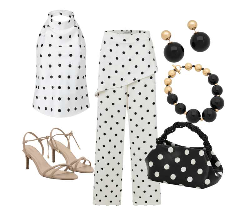 Blusa em Cetim com Gola Alta e Estampas de Bolinhas Branco ; Sandália com Tiras e Bico Folha Bege ; Calça Reta em Alfaiataria com Sobreposição na Cintura e Estampa Poá Branco/Preto ; Bolsa de Mão em PU com Alça Removível e Estampa Poá Preto/Branco ; Brinco Duplo Pérola Invertida em Resina Preto/Dourado ; Colar Maxi com Esferas Resinadas Preto/Dourado