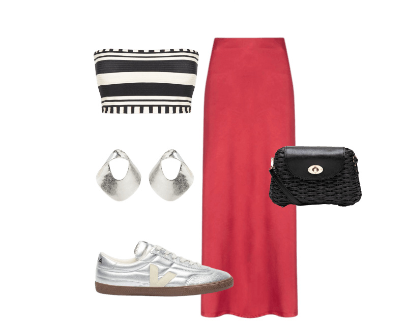 Look casual chic de verão com saia vermelha