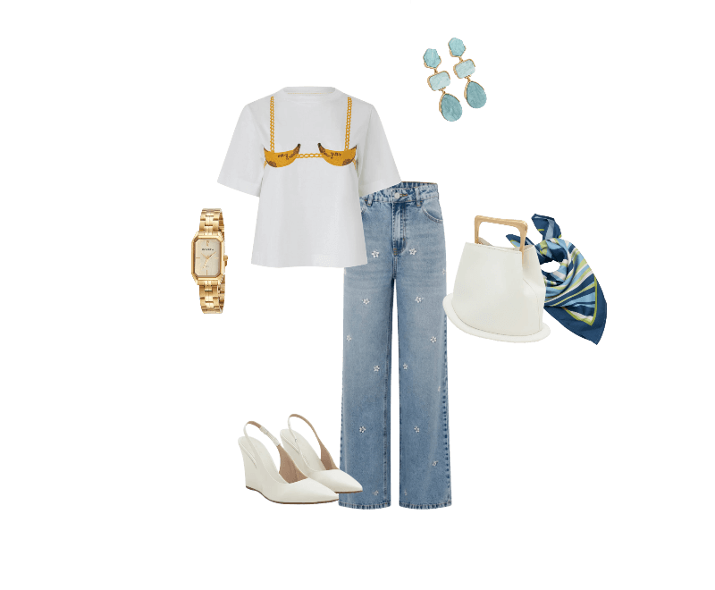 Sapato Scarpin Anabela com Tira Elástica Off White ; Bolsa Bucket Pequena com Alça de Mão em Metal Base Bola em Metal Off White ; Lenço Quadrado em Cetim com Estampa de Listras Multicores ; Relógio Mondaine Feminino Analógico Dourado ; Brinco Médio com Formas Geométricas Verde ; Camiseta em Algodão com Bordado de Biquini de Banana Branco ; Calça Jeans Reta em Denim com Estampa Flor Hibiscos Azul