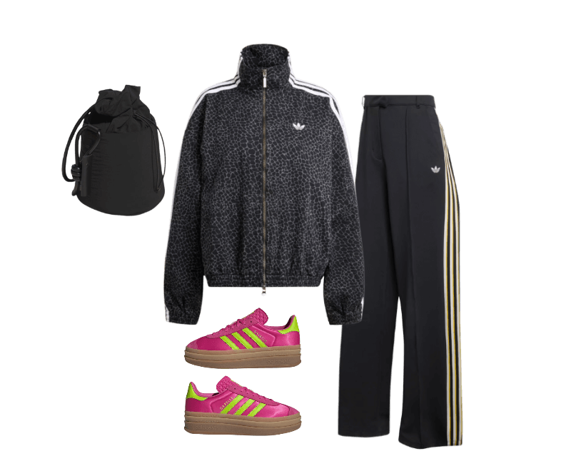 JAQUETA JEANS OVERSIZED FIREBIRD AOP ; CALÇA ESPORTIVA ALFAIATARIA ; Sapato Gazelle Bold ; BOLSA FAVORITE PEQUENA