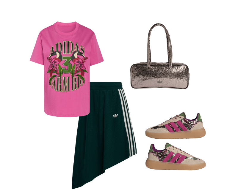 CAMISETA ESTAMPADA adidas X FARM RIO ; SAIA ASSIMÉTRICA PIQUET adidas ORIGINALS ; TÊNIS BARREDA DECODE ; BOLSA METAL ELONGATED ADICOLOR AIRLINER
