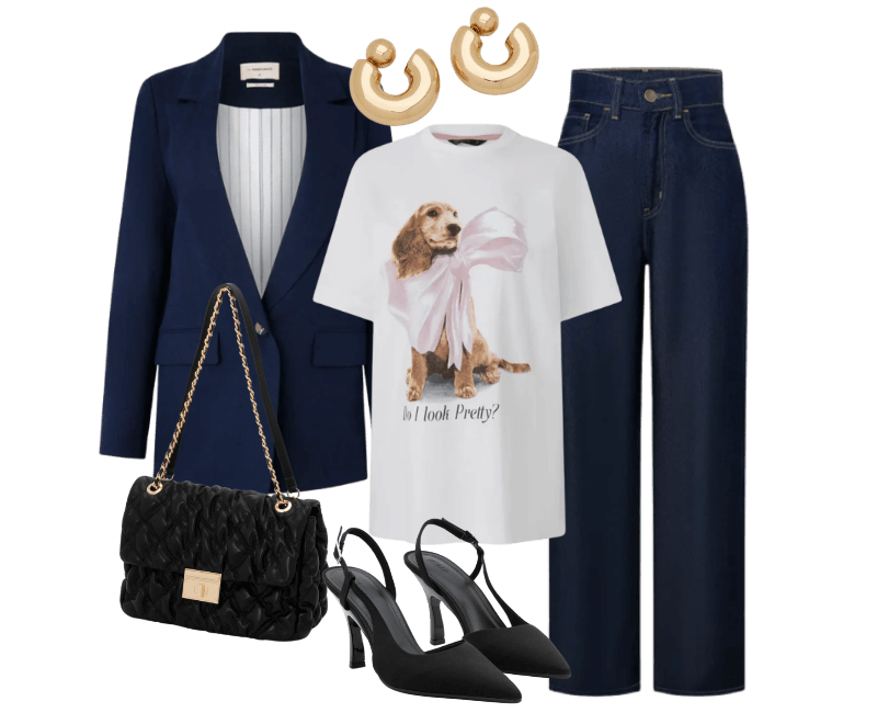 Camiseta em Algodão com Estampa Cão de Laço Branco ; Blazer em Viscolinho com Lapelas e Botão Único Azul Escuro ; Calça Reta em Jeans Raw com Cintura Alta Azul ; Bolsa Shoulder Grande Texturizada com Locker Metal em Light Gold Preto ; Sapato Scarpin Slingback com Abertura Lateral Preto ; Brinco Argola Bold com Tarraxa de Esfera Dourado