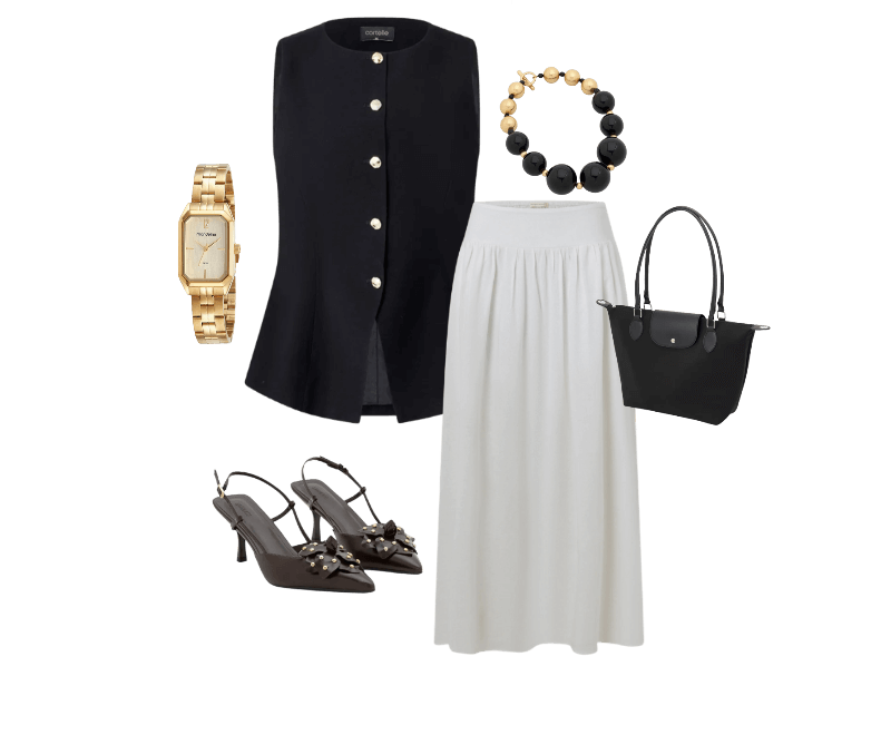 Sapato Slingaback com Flor e Cravinhos Marrom ; Bolsa Grande com Zíper Lapela e Alça Dupla Preto ; Relógio Mondaine Feminino Analógico Dourado ; Saia Evasê Midi em Viscolinho com Lastex no Cós Branco ; Colete Alfaiatado em Viscose com Barra Estruturada Preto ; Colar Maxi com Esferas Resinadas Preto/Dourado