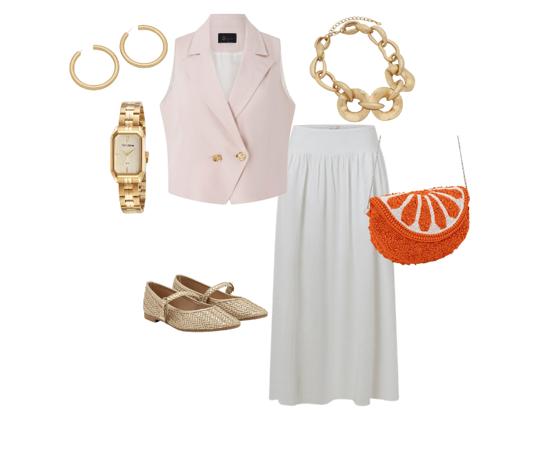 Bolsa Hobo em Miçanga com Alça Transversal e Tampa de Laranja Laranja ; Relógio Mondaine Feminino Analógico Dourado ; Saia Evasê Midi em Viscolinho com Lastex no Cós Branco ; Colete Alfaiatado com Gola Blazer com Riscas de Giz Rosa ; Sapatilha Metalizada com Textura Tramada e Tira com Fivela Dourado ; Brinco Argola Média em Metal Tubular Dourado ; Colar Corrente Maxi em Metal com Elos Achatados Dourado