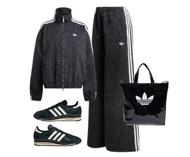 JAQUETA JEANS OVERSIZED FIREBIRD AOP ; Calça Jeans Firebird AOP Tamanho Oversized ; Tênis SL 72 OG ; Bolsa Adicolor Shopper