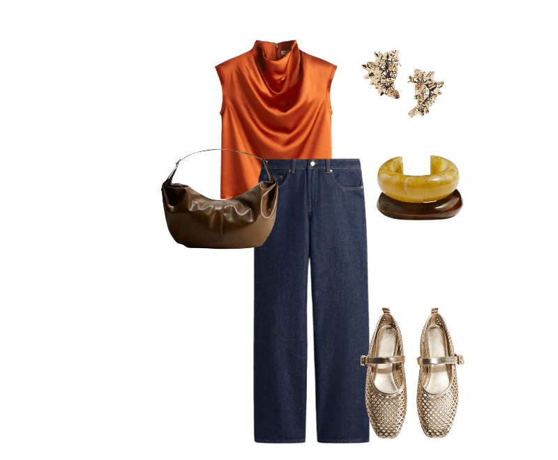 Sapatilha mary jane vazada ; Bolsa de ombro slouchy grande ; Brincos no formato de concha ; Kit com 2 braceletes ; Wide high jeans ; Top em cetim com decote degagê laranja