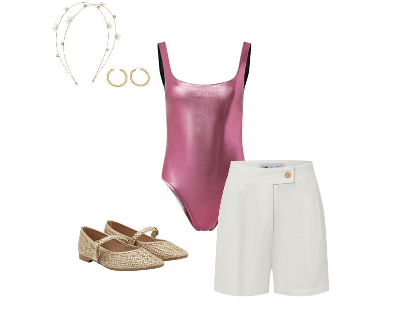 Body Ajustado em Flamê com Metalizado Holográfico Rosa ; Tiara em Metal com Flores e Strass - Tam Único Dourado ; Short Cintura Alta em Viscolinho com Pregas e Bolsos Off White ; Sapatilha Metalizada com Textura Tramada e Tira com Fivela Dourado ; Brinco Argola Média em Metal Tubular Dourado
