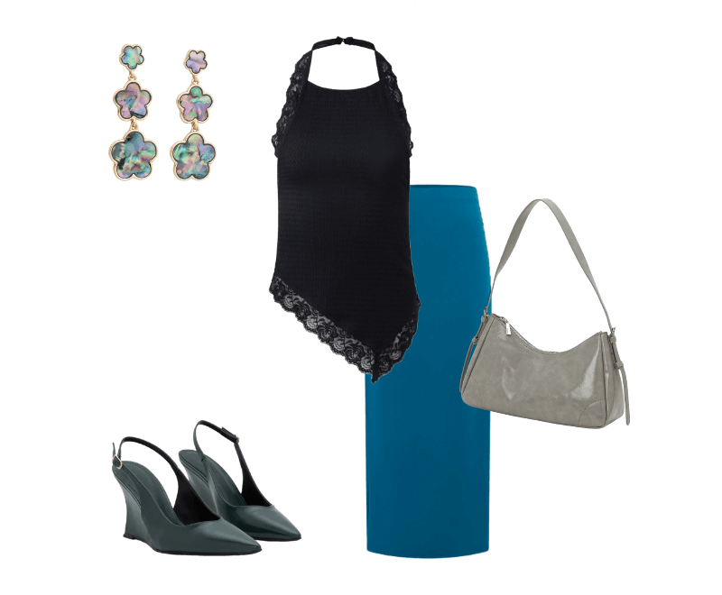 Bolsa Shoulder em PU com Alça de com Fivela Cinza ; Brinco Médio com Forma de Flores Gradativas Multicores ; Saia New Midi Em Jersey Com Franzidos Na Lateral Azul ; Blusa Frente Única Com Renda E Texturizada Preto ; Sapato Slingback em PU com Salto Anabela Verde