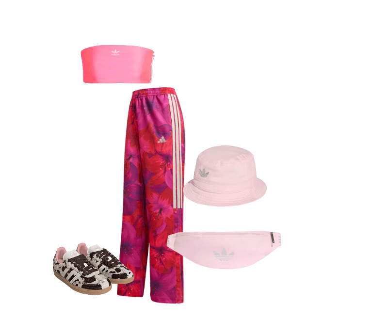 CALÇA ESPORTIVA adidas x FARM RIO HOUSE OF TIRO ; Tênis Samba OG ; POCHETE ORIGINALS SUNSET RHYTHMS PATENT PU ;  CHAPÉU BUCKET ADICOLOR TREFOIL ; TOP TUBO TRÊS LISTRAS