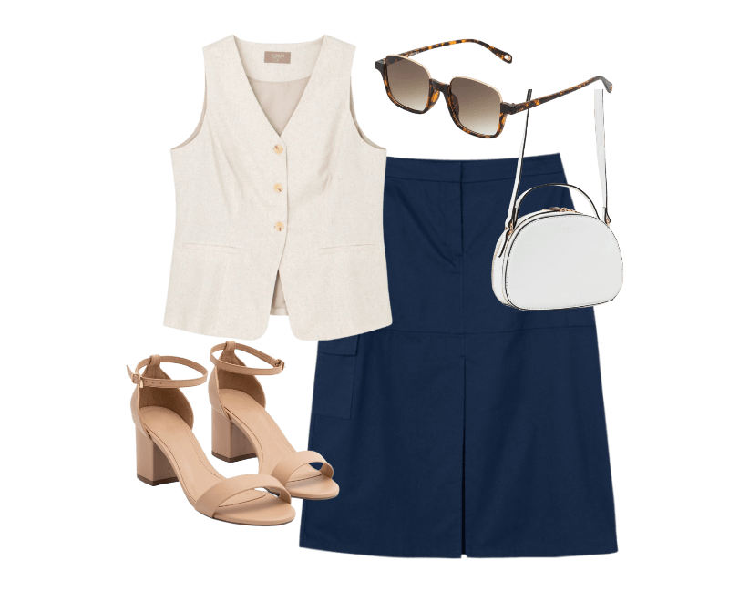 Saia Midi Em Sarja Com Bolso Cargo Curve & Plus Size Azul ; Colete Alfaiataria Em Viscolinho Com Botões E Bolsos Curve & Plus Size Off White ; Sandália Com Tira Única E Salto Médio Bloco Bege ; Bolsa Transversal Câmera Bag Arredondada E Duas Aberturas Branco ; Óculos De Sol Quadrado Com Estampa De Tartaruga Marrom