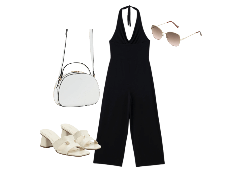 Macacão Longo Frente Única Com Decote Degagê Curve & Plus Size Preto ; Sandália Mule Em Croco Com Tira H Off White ; Bolsa Transversal Câmera Bag Arredondada E Duas Aberturas Branco ; Óculos De Sol Quadrado Em Metal E Lentes Degradê Dourado