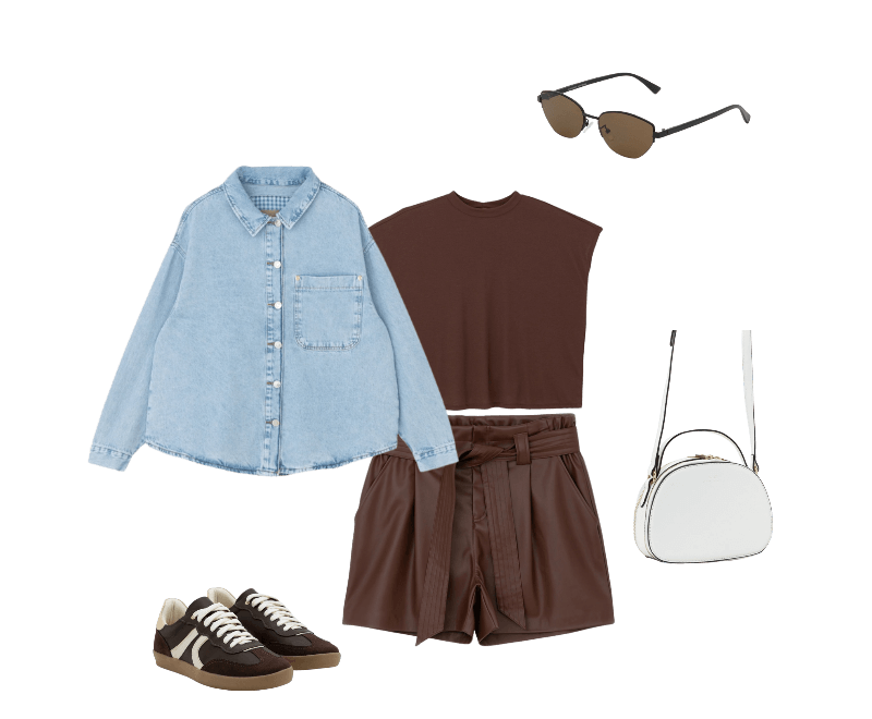 Blusa Básica Em Ribana E Sem Cava Curve & Plus Size Marrom Café ; Short Em Material Sintético Com Amarração Curve & Plus Size Marrom ; Jaqueta Overshirt Em Jeans Com Bolso Frontal Curve & Plus Size Azul ; Tênis Estilo Chuteira Em PU Com Detalhes Nas Laterais Marrom ; Bolsa Transversal Câmera Bag Arredondada E Duas Aberturas Branco ; Óculos De Sol Gateado Em Metal Liso Com Haste Fina Preto