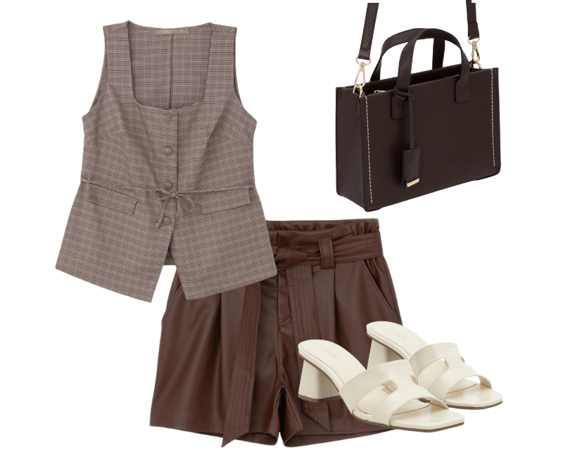 Short Em Material Sintético Com Amarração Curve & Plus Size Marrom ; Colete Alongado Em Alfaiataria Xadrez Curve & Plus Size Marrom ; Sandália Mule Em Croco Com Tira H Off White ; Bolsa Satchel Média Com Alça Longa E Detalhes Metalizados Marrom