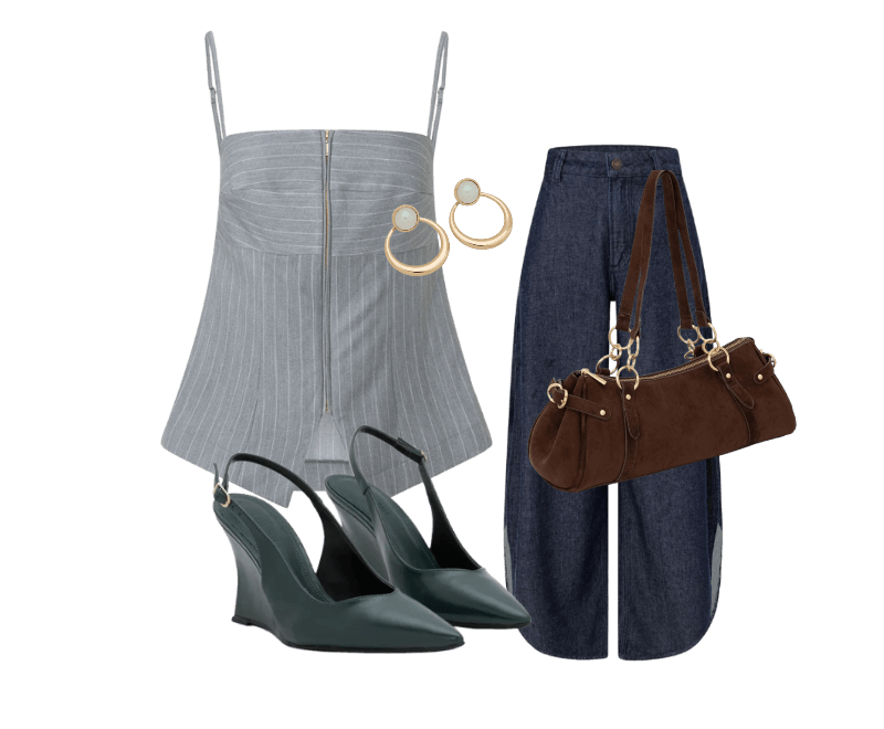 Calça Barrel em Jeans com Fenda Lateral Azul ; Brinco Argola com Base Resina Redoma e Pingente Frontal Off White ; Bolsa Suede Média Com Detalhes Metalizados Marrom ; Blusa Em Alfaiataria Com Estampa Listrada E Zíper Frontal Cinza ; Sapato Slingback em PU com Salto Anabela Verde