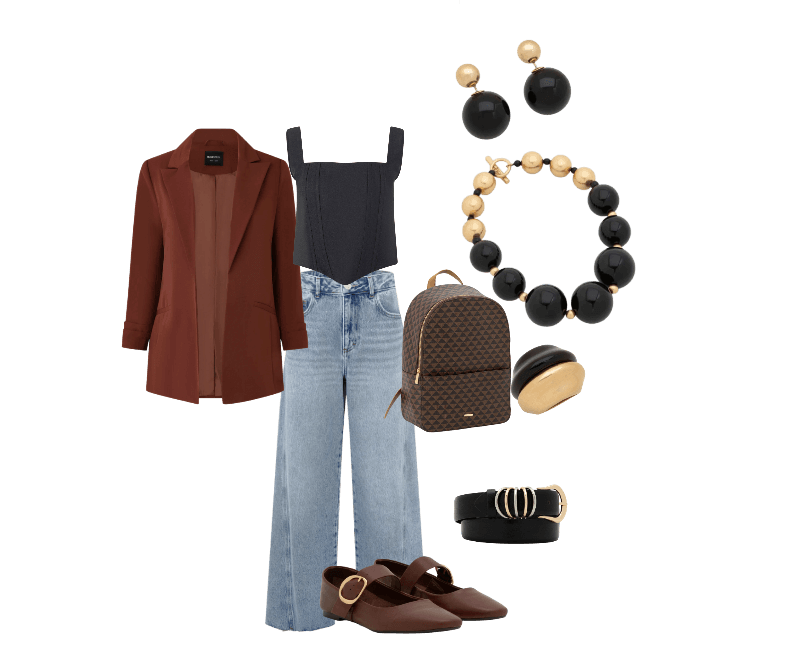 Cinto Médio em com Fivela Redonda e Mix de Argolas Bicolor Preto ; Maxi Anel com Faces Bicolores Dourado/Preto ; Blusa em Crepe com Decote Quadrado e Alça Larga Preto ; Calça Wide em Jeans com Lateral Deslocada Azul Médio ; Blazer Oversized Alongado em Alfaiataria com Pregas no Punho Marrom Intenso ; Mochila em Material Sintético com Alça Regulagem e Estampa Triângulo Marrom ; Sapatilha em Couro com Tira Afivelada Marrom ; Brinco Duplo Pérola Invertida em Resina Preto/Dourado ; Colar Maxi com Esferas Resinadas Preto/Dourado