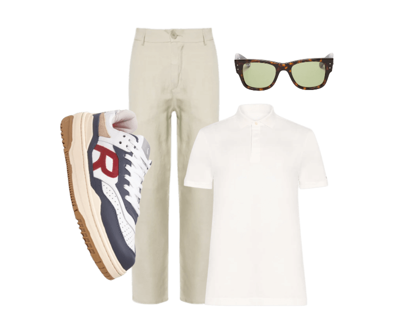 Tênis Masculino R-Bronx Branco Reserva Go ; Polo Masculina Regular Fit Básica Hidden Em Algodão Branco Tommy Hilfiger ; Calça Masculina Alfaiataria Fluid Linen Bege Osklen ; Óculos De Sol Unissex Mega Wayfarer Summer Capsule Marrom Ray-ban