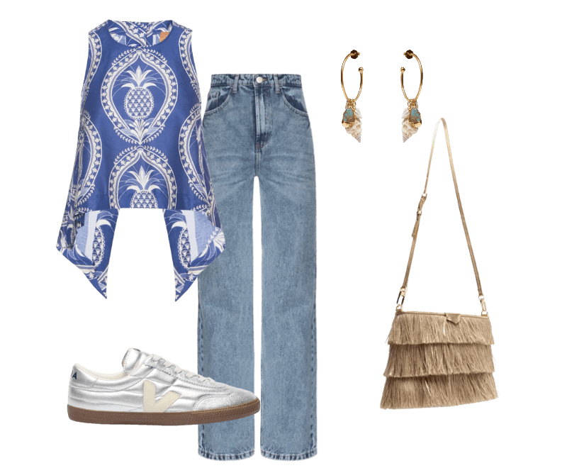 Look casual chic para passeio com blusa estampada