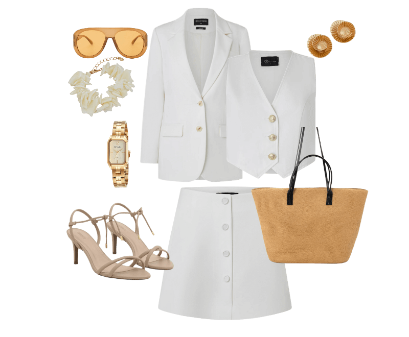 Sandália com Tiras e Bico Folha Bege ; Bolsa de Praia Grande com Bolsinho e Alças em PU Bege ; Óculos de Sol Aviador com Lente Âmbar Laranja ; Relógio Mondaine Feminino Analógico Dourado ; Pulseira com Pedras em Formato de Cascalhos Perolado ; Short Saia em Crepe com Botões Forrados no Transpasse Off White ; Colete em Sarja com Botões de Brasão e Pences Off White ; Blazer Regular em Alfaiataria com Botões e Bolsos Frontais Off White ; Brinco Botão em Metal Plissado Escultural Dourado