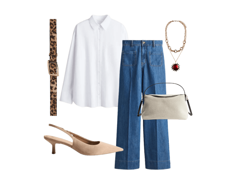 Sapato slingback de bico fino com salto kitten ; Cinto ; Bolsa tiracolo em lona ; Colar de duas voltas ; Wide high jeans azul denim ; Camisa oversize em popeline de algodão branco