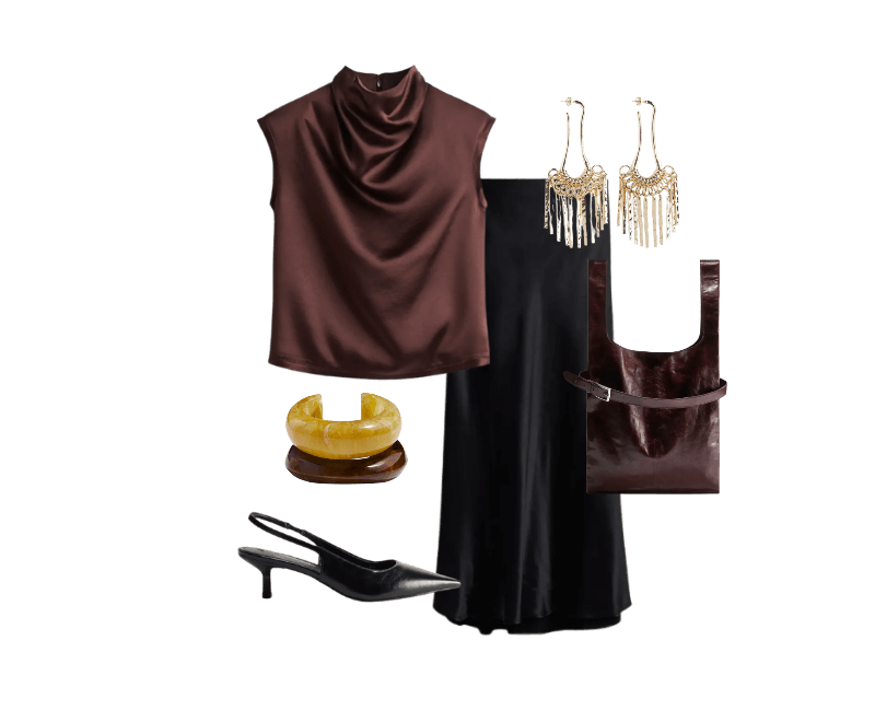 Sapato slingback de bico fino com salto kitten ; Brincos pendentes com franjas ; Kit com 2 braceletes ; Bolsa tote grande em couro ; Top em cetim com decote degagê marrom ; Saia midi preto