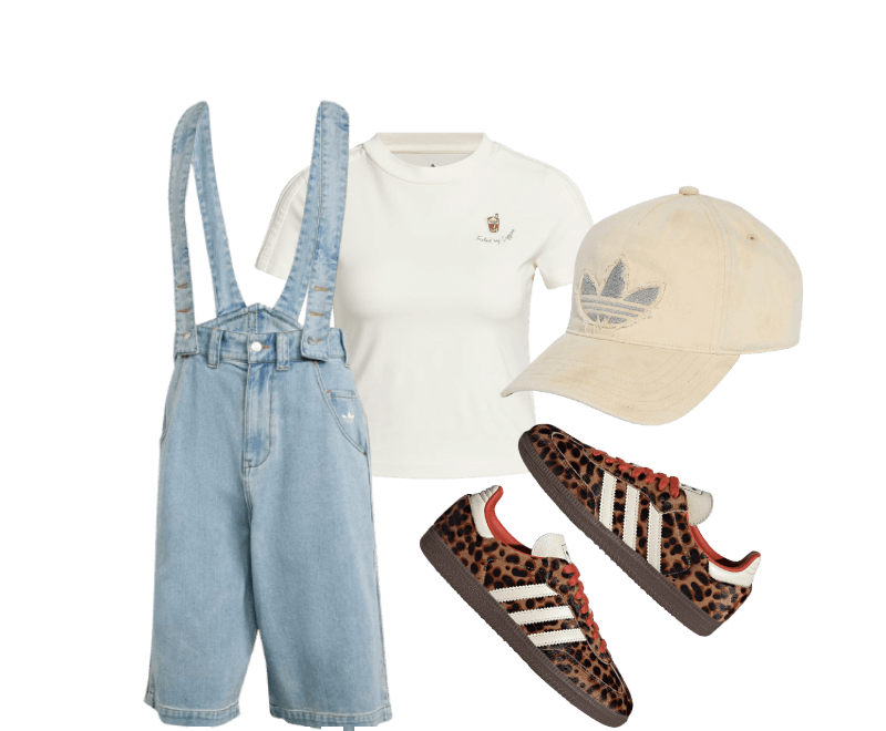 CAMISETA ESTAMPADA SUMMER DRINK ; adidas x Jeremy Scott Denim Dungaree ; Boné Baseball Washed ; Tênis Samba OG