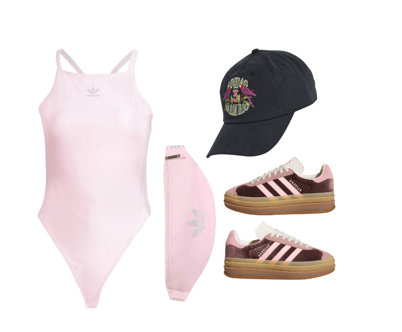 BONÉ adidas X FARM ; Tênis Gazelle Bold ; POCHETE ORIGINALS SUNSET RHYTHMS PATENT PU ; BODY TRÊS LISTRAS