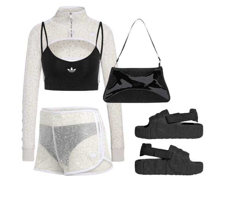TOP BRALETTE TRÊS LISTRAS ; Chinelo Adilette 22 XLG ; Bolsa Shoulder Clutch ; JAQUETA SUNSET RHYTHMS ;  SHORTS 2 EM 1 SUNSET RHYTHMS - SPARKLING