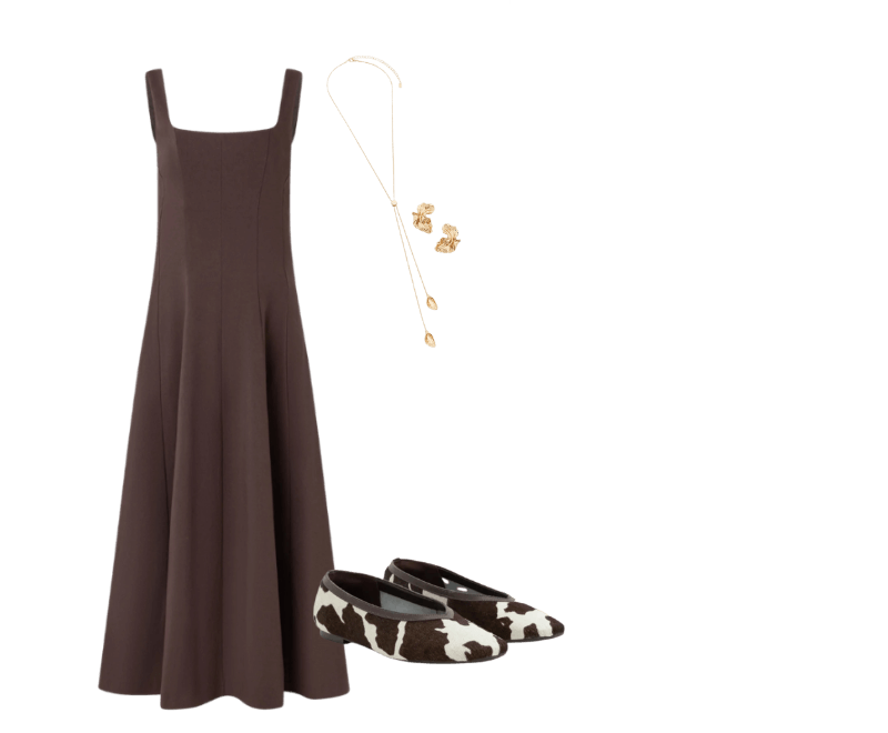 Sapatilha em Couro com Estampa Animal Print Vaca ; Conjunto de Colar Gravatinha Rabo de Rato e Brinco Meia Flor Dourado ; Vestido Evasê Midi em Viscose com Decote Quadrado e Recortes Marrom